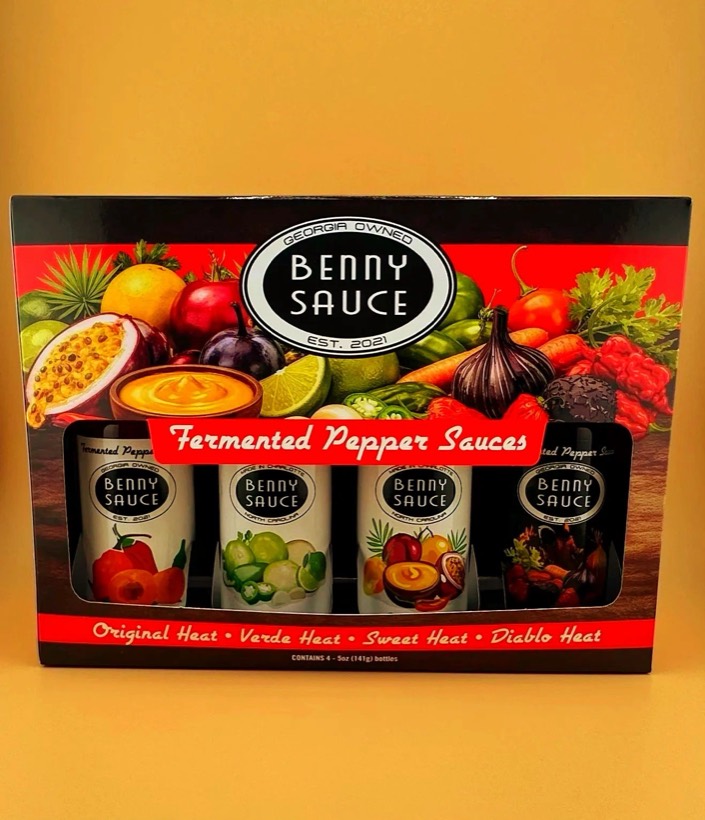 Benny Sauce Collector's Gift Box with all four sauces and stickers
